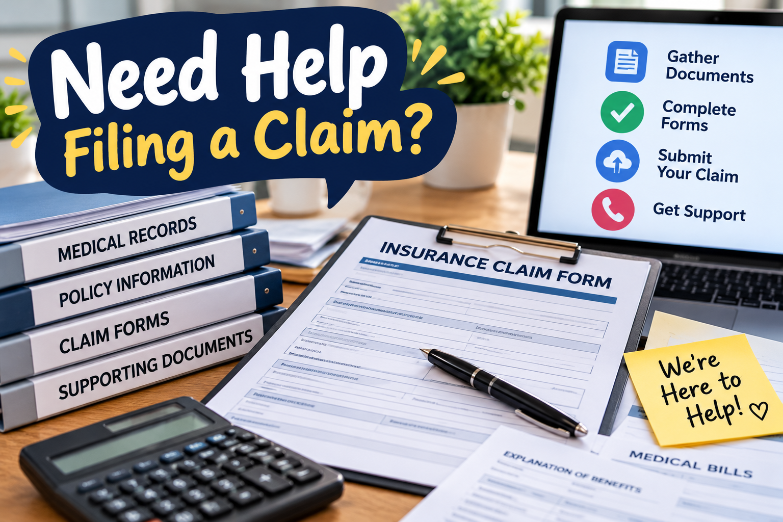 A desk prepared for an insurance claim: a claim form on a clipboard, labeled binders for medical records, policy information, claim forms and supporting documents, a laptop showing the steps gather documents, complete forms, submit your claim and get support, and a note reading We're Here to Help